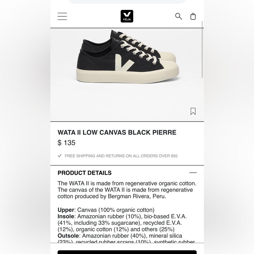 EUC 135$ Veja Wata II Organic Cotton Black/Cream Logo Sneakers 8 Euto 39 - Picture 2 of 16